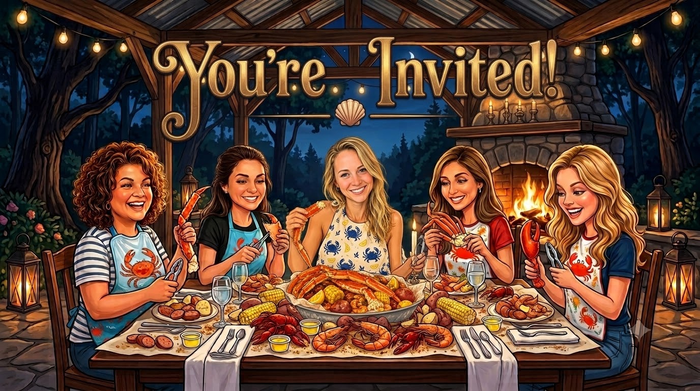 Illustrated outdoor Low Country seafood boil under string lights with friends at a long table and the fireplace lit — You’re Invited!